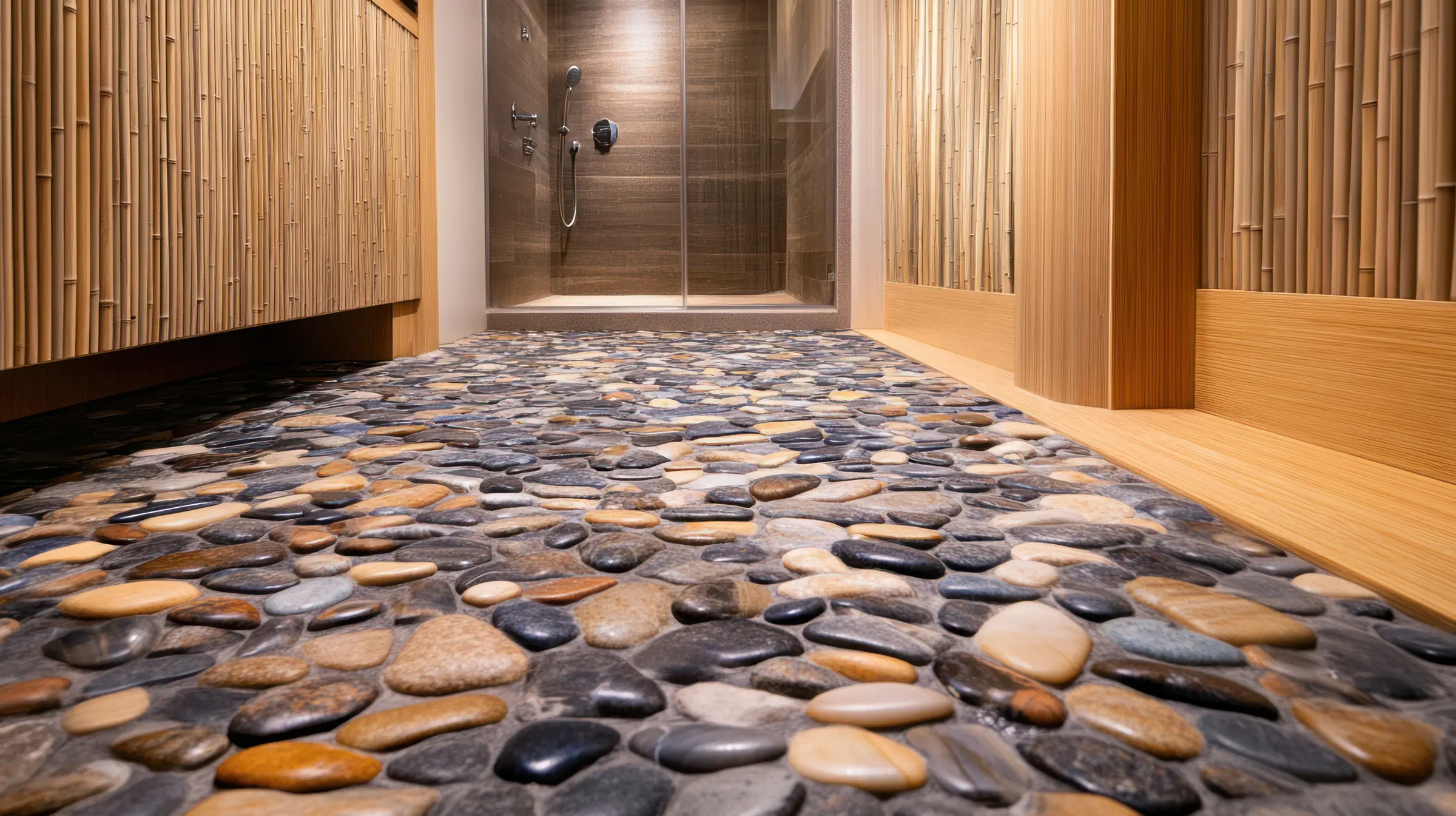 Natural river rock pebble shower floor tile
