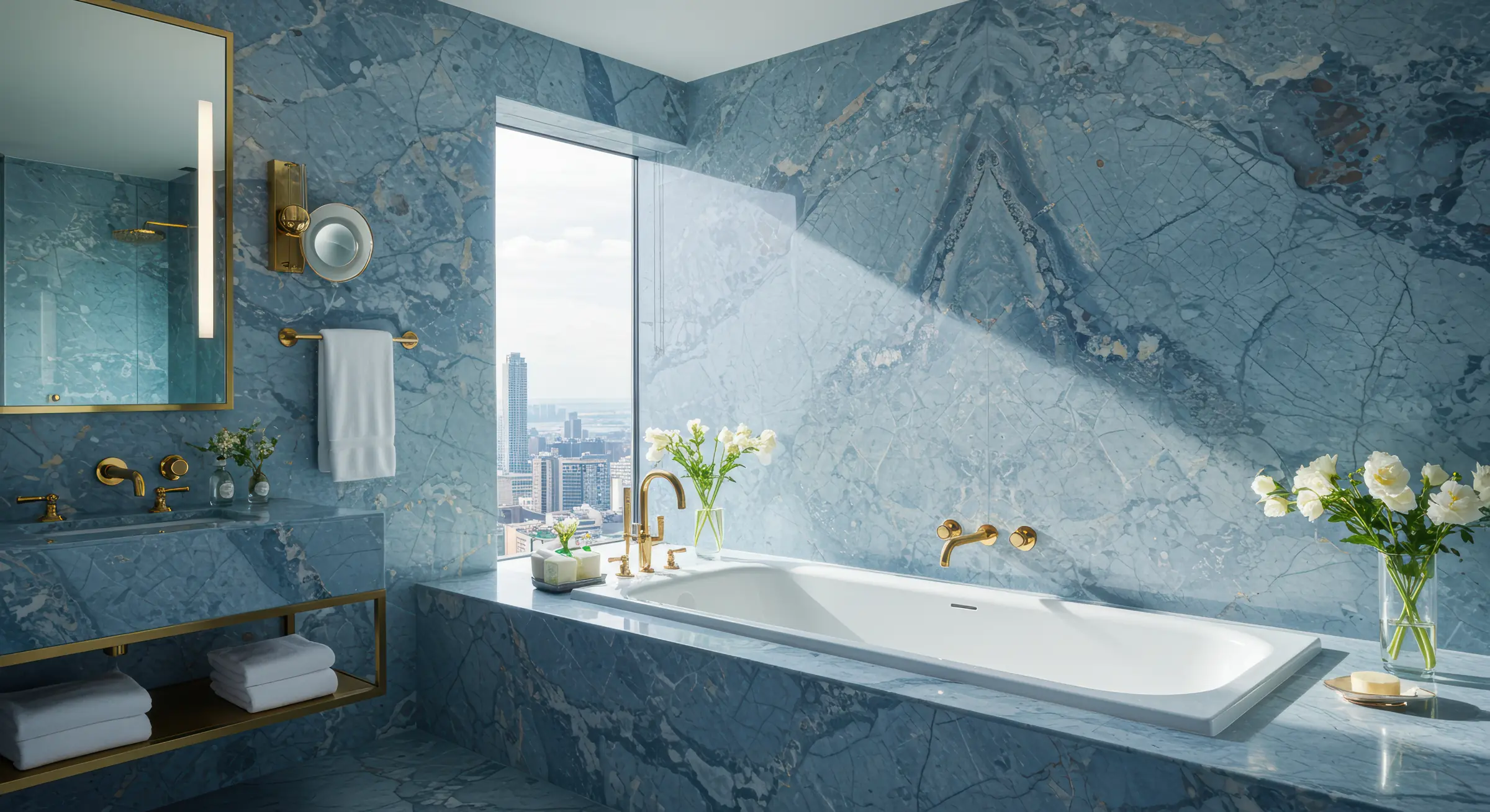 Luxury Calacatta marble tile and custom waterjet mosaic bathroom floor